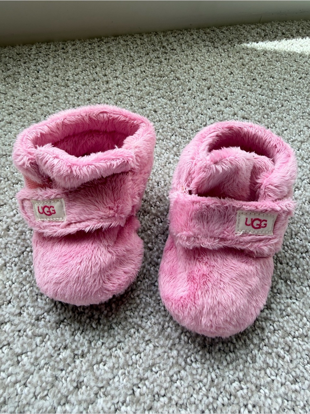 UGG Pink Plush Infant Slippers with Velcro Strap